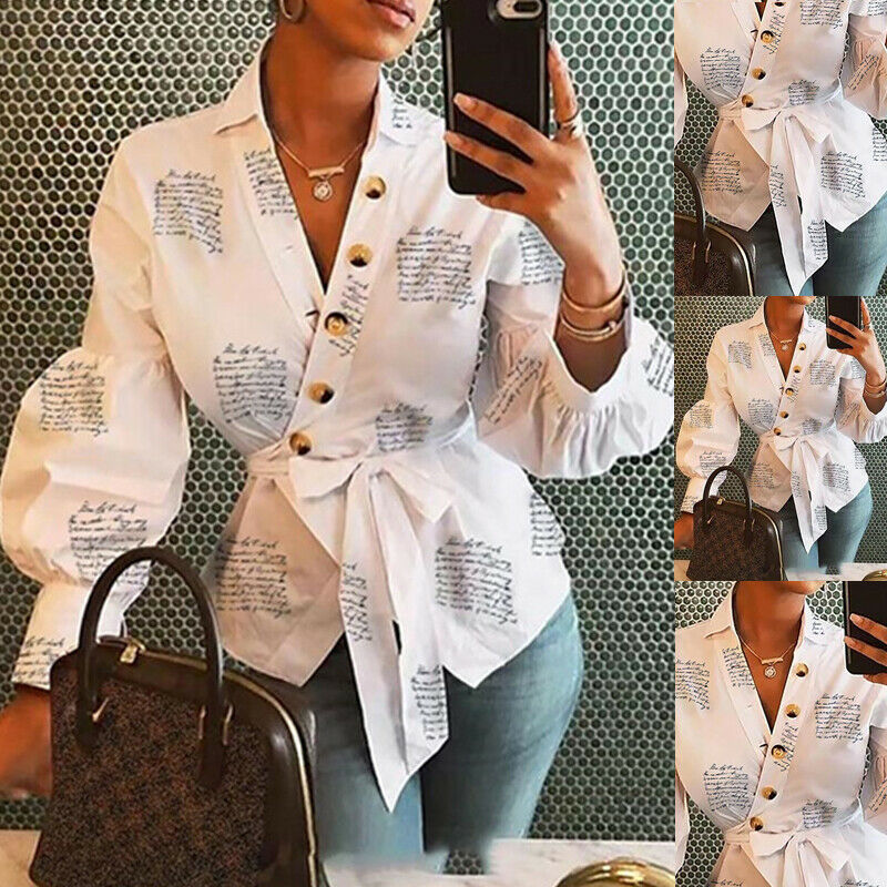 Newly Womens Button V Neck Letter Print Shirt Lace up Ladies Single Breasted Autumn Lantern Sleeve Loose Tops Blouse