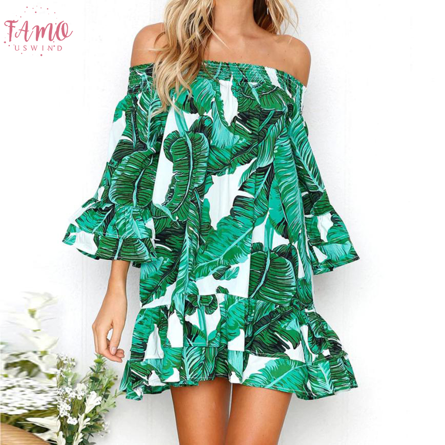 womens dresses High Quality Ball Gown Girl Sexy Leaves Printing Off Shoulder Half Sleeve Dress Princess Women Ap24