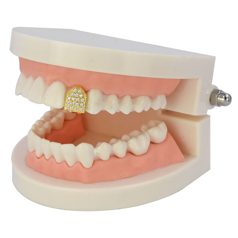 Hip Hop Diamond Single Teeth Grillz 18K Real Gold Braces Punk Dental Mouth Fang Fake Grills Tooth Cap Cosplay Halloween Costume Party Rapper Body Jewe
