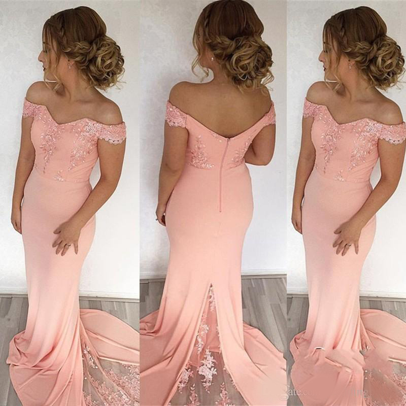 Latest Off The Shoulder Mermaid Long Evening Dresses Pink Lace Satin Zipper Back Formal Evening Gowns Prom Dresses Vestido De Noche
