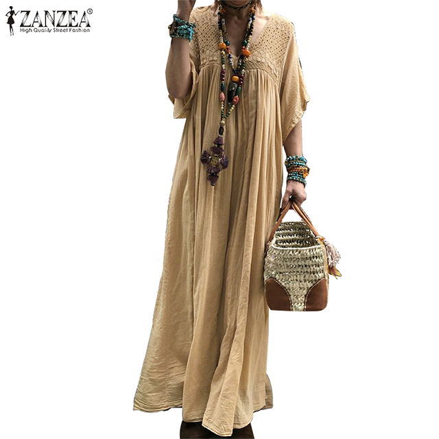 Bohemian Women Lace Crochet Maxi Long Dress ZANZEA Summer V neck Flare Sleeve Solid Sundress Kaftan Party Beach Vestido Baggy T200416