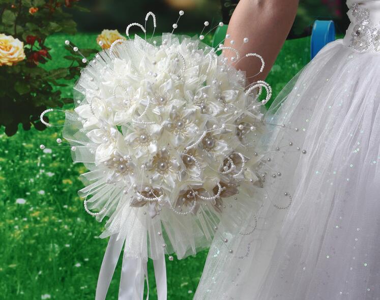 Pearl Silk Bridal Bouquet Romantic Rose Hand Flowers Silk Ribbon Pearl Wedding Bridesmaid Bouquet Floral Decoration