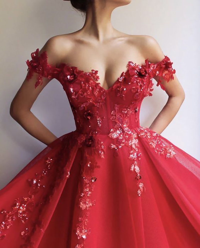 2020 Red Off Shoulder Prom Dresses withn 3D Floral Appliques Sequined Tulle Evening Dress Custom Made Party Reception Gowns