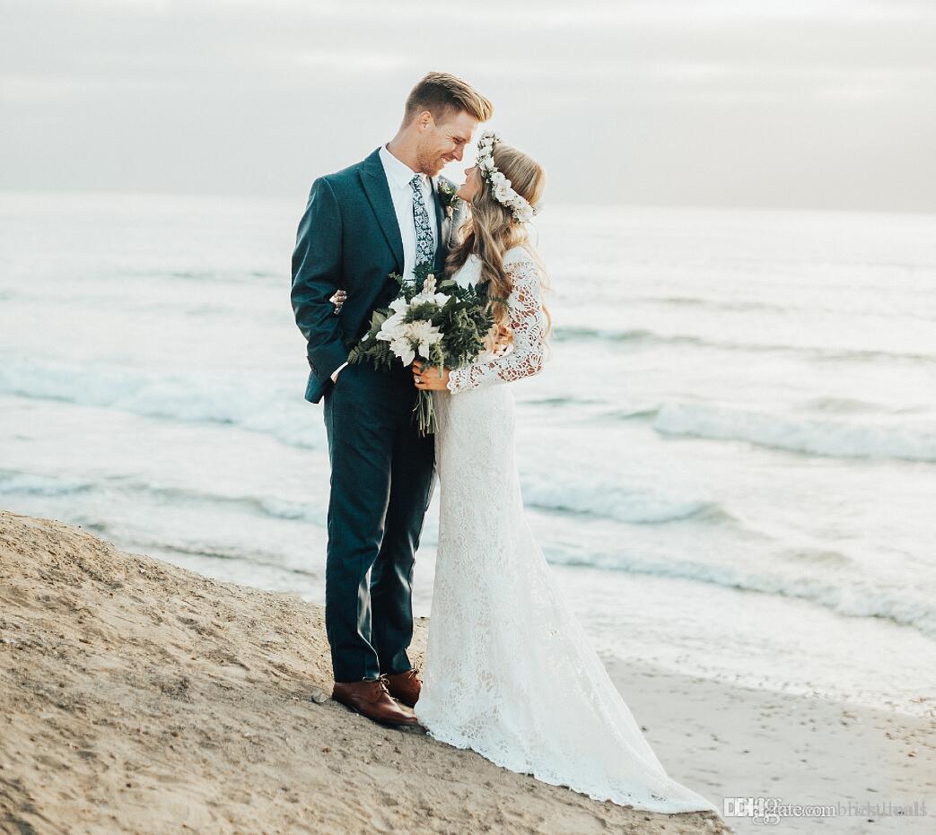 Lace Vintage Full Long Sleeves Boho Bridal Dresses Plus Size Court Train Garden Beach Wedding Dress Gowns For Brides