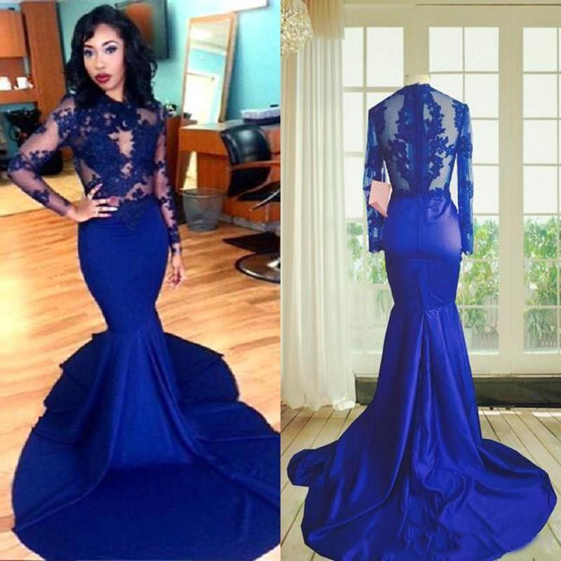 New Long Sleeves Lace Prom Dress Mermaid High Neck See-Through Lace Appliques Sexy Royal Blue African Party Evening Gowns