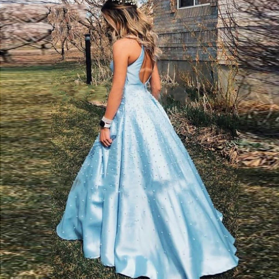 New Arrival High Neck Sky Blue Prom Evening dresses Plus size A-Line Backless Pearls Beading Prom dress Robe de soiree sukienki
