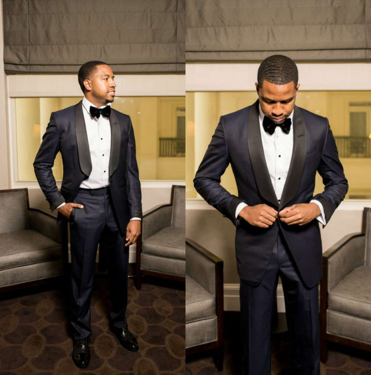 Dark Navy men suits two pieces Mens Prom Tuxedos Suits Latest Pants Jacket Design Slim Fit Tailor Blazer(Jacket+Pants+Bowtie)