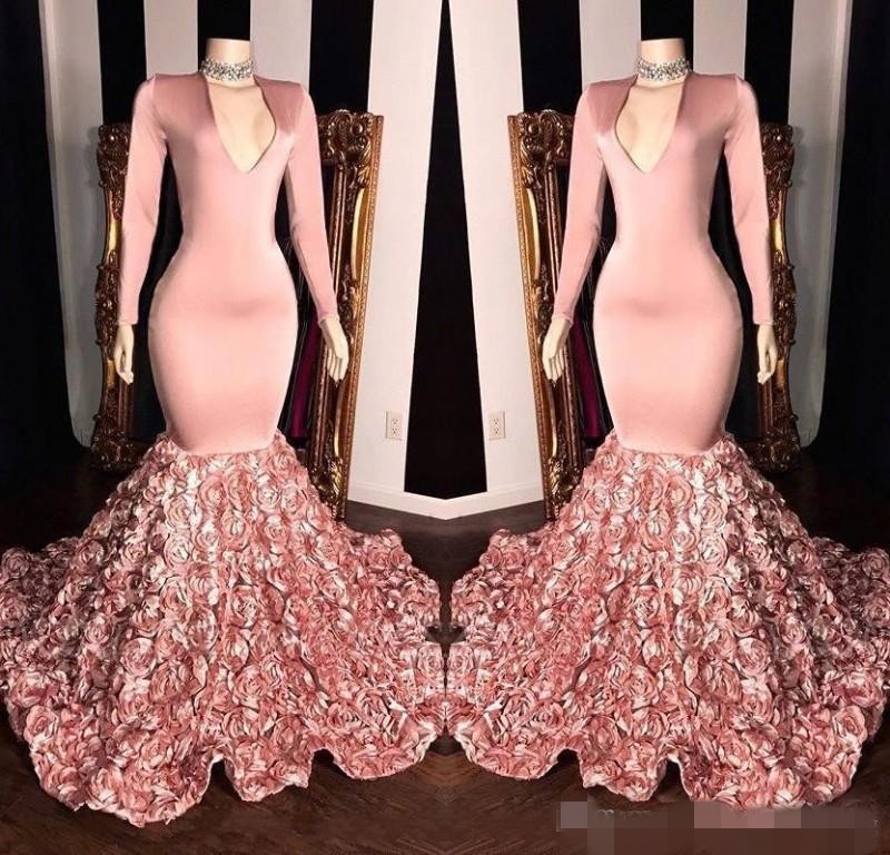 Pink Prom Dresses Satin Long Sleeves Flower Mermaid Sweep Train Custom Made Plunging Plus Size Evening Party Gowns Formal Ocn Wear