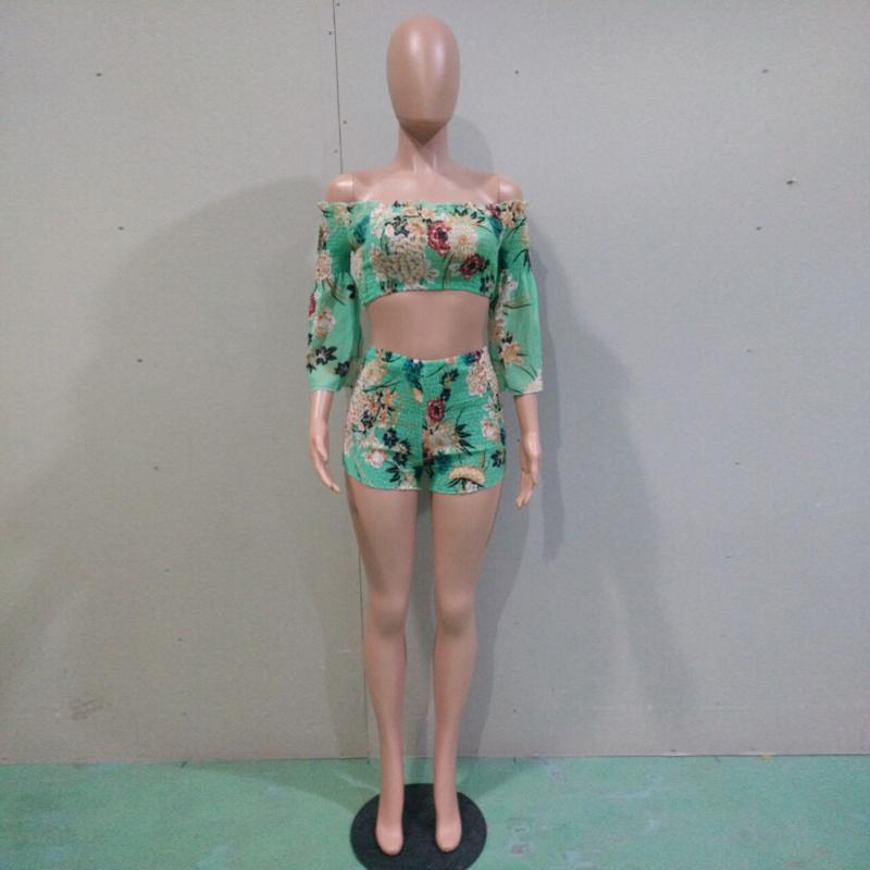 2020 Floral Print Casual Two Piece Set Off Shoulder Cami Top & Shorts Set Summer Short Tracksuit Women Sexy Bodycon Romper S-XXL1