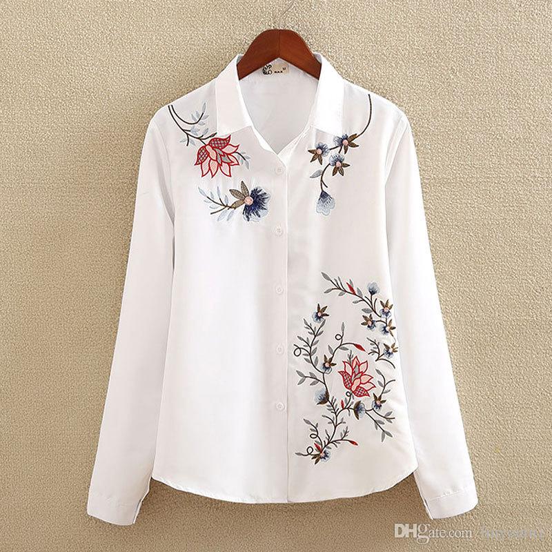 2020 Long Sleeve Floral Women Embroidered Blouse White Elegant Turn-down Collar Office Women Casual Blouse 2019 Spring New Top