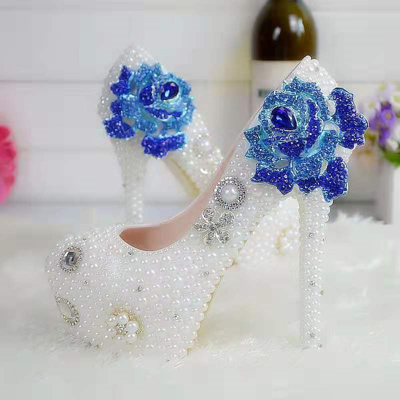 Pearls Flower Wedding Shoes Blue Diamond Rose Pumps High Heels Bridal Shoes 14cm Bling Bling Prom Shoes for Lady