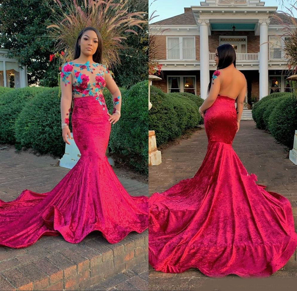 Black Girls Red Mermaid Prom Dresses 2020 Sequined Evening Gowns Velvet Plus Size Long Sleeve Prom Dress vestidos de fiesta