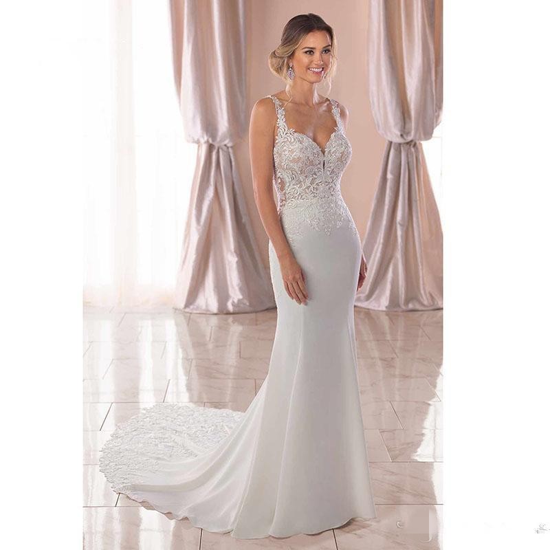 2021 Beach Wedding Dresses Bridal Gown Spaghetti Straps Mermaid Lace Applique Sweep Train Backless Custom Made Vestido de novia