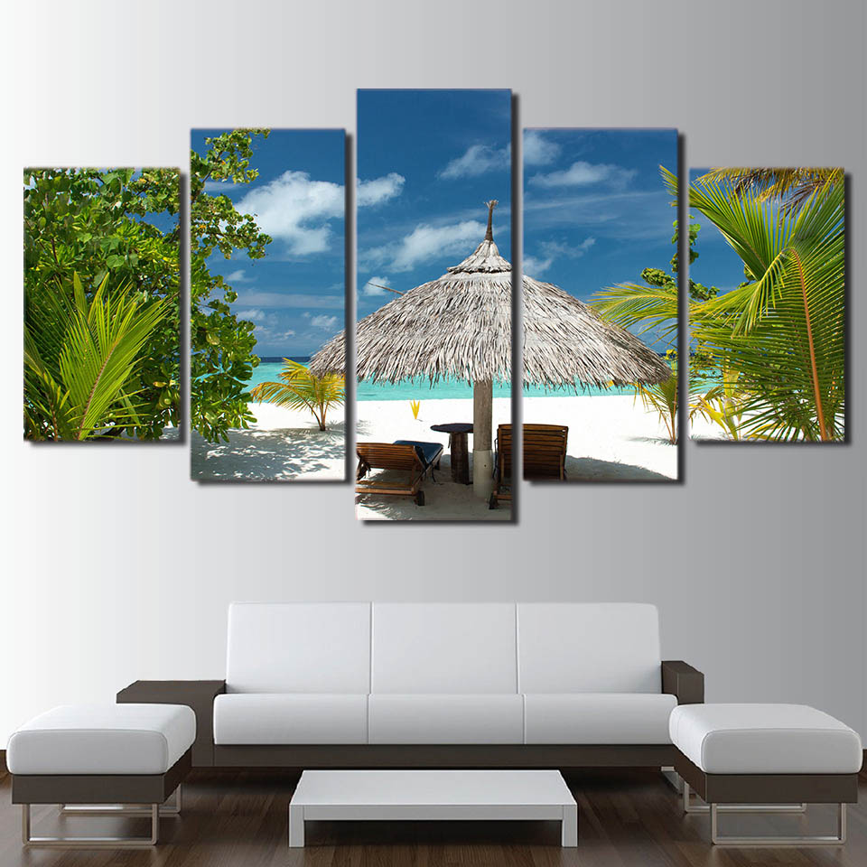 Modern Home Decor Pictures HD Prints 5 Pieces Tropical Island Painting Wall Art Canvas Palm Tree Beach Seascape Poster No Frame
