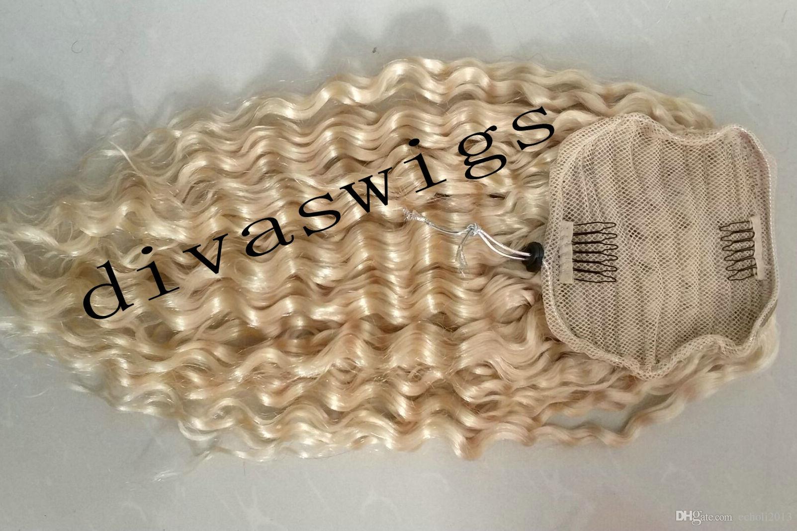 Wholesale-High Quality 16" Long Curly Human Hair Ponytail Extension White Blonde Clips In On Hair Drawstring Ponytail Hairpieces Free Ship