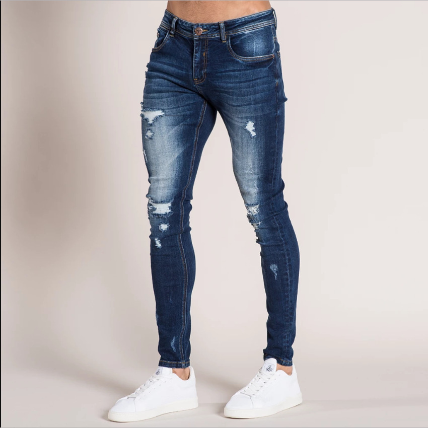 Men's Skinny Ripped Denim Jeans - Stretch Cotton, Elastic Waist, Big Size, Dark & Light Blue B4