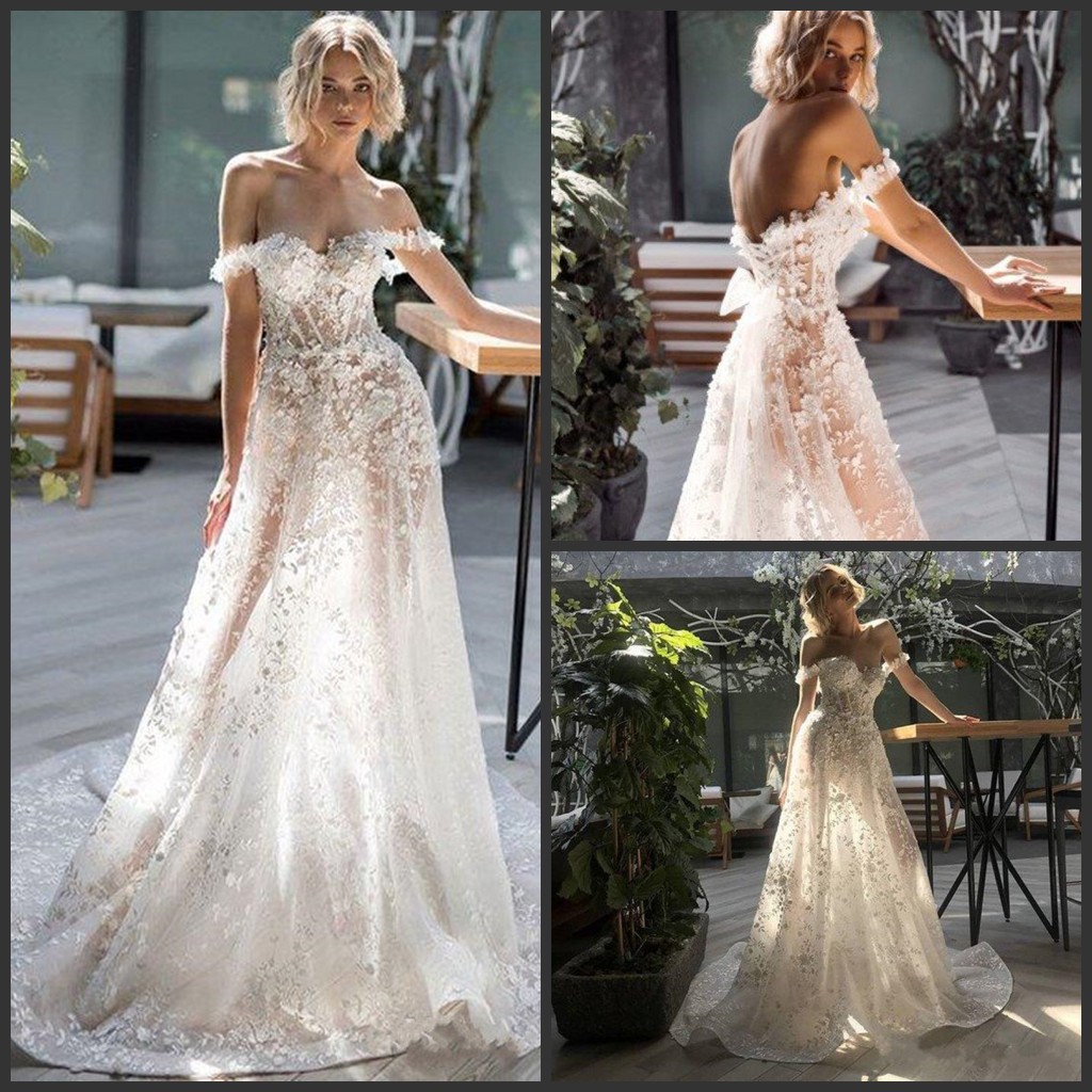 Sexy Off Shoulder Lace Wedding Dresses 3D Appliqued Backless Boho Wedding Bridal Gowns A Line Bohemian Beach Wedding Dress abiti da sposa