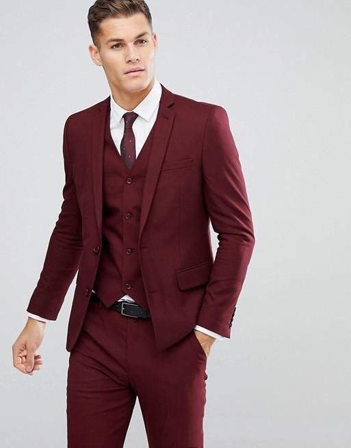 High Quality Two Buttons Burgundy Wedding Men Suits Notch Lapel Three Pieces Business Groom Tuxedos (Jacket+Pants+Vest+Tie) W1076