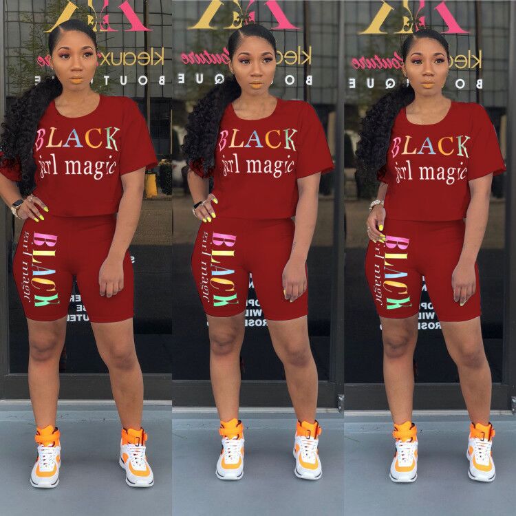 Spot Tracksuits European and American spring summer round neck short sleeve letter printed casual sports suit female