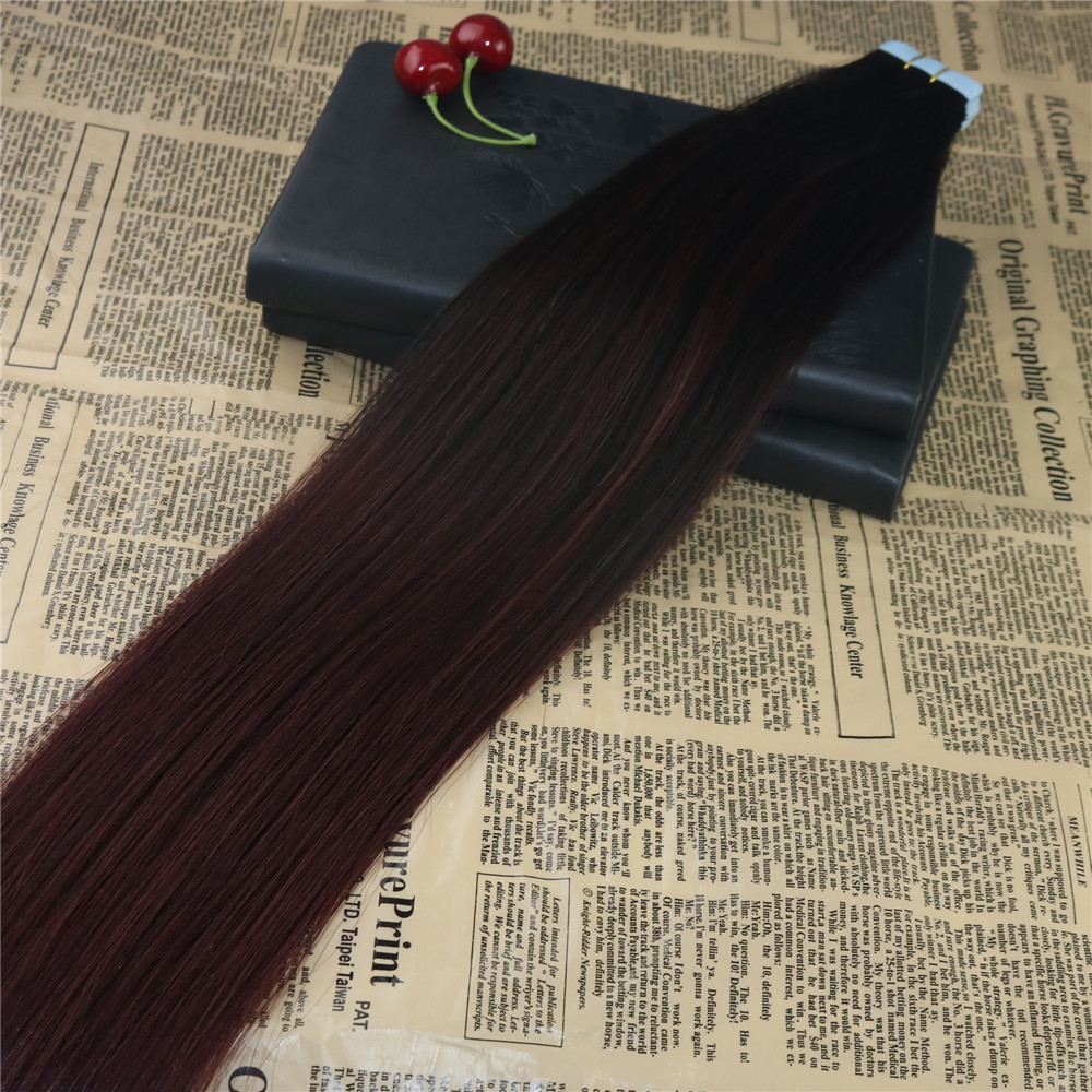 Highlights Real Remy Human On Hair Ombre #1B/99J Balayage Invisible Skin Weft Tape In Extensions 100G/40Pcs