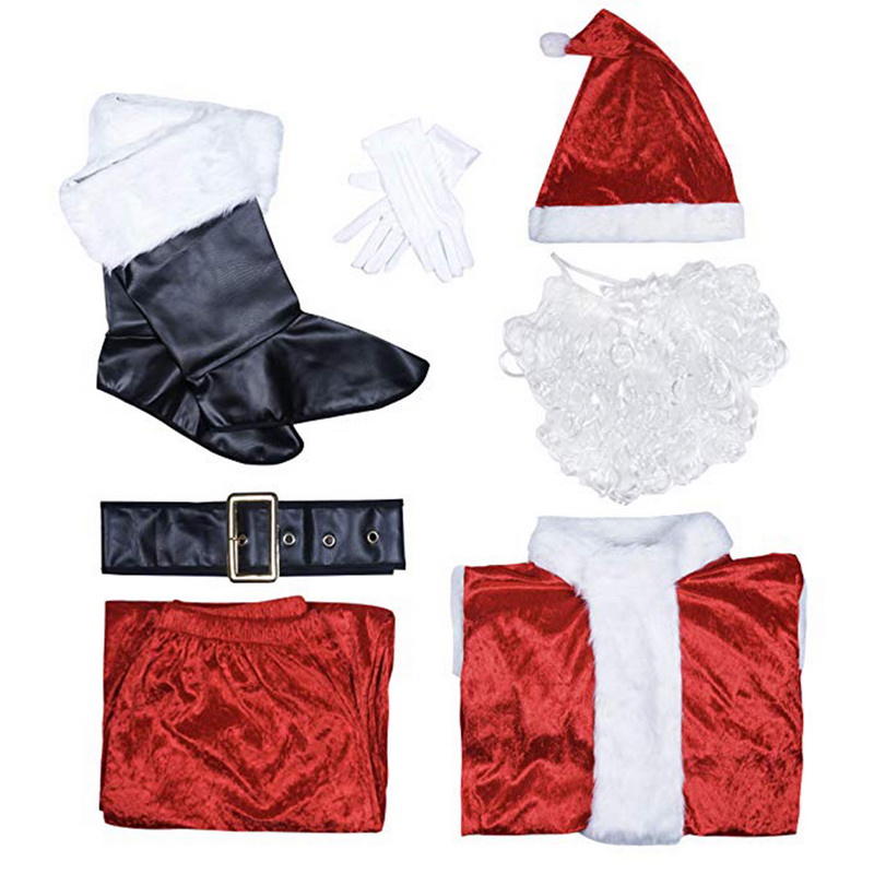 7PCs Adult Santa Claus Costume Flannel Classic Suit Christmas Cosplay Props Men Coat Pants Beard Belt Hat Christmas Set M XL