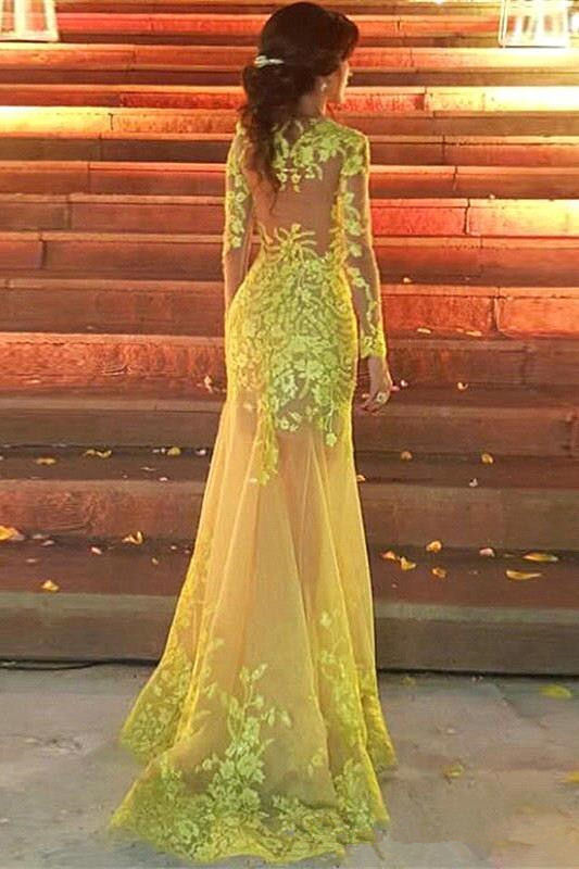 yellow mermaid prom dresses with detachable train long sleeve lace appliqued evening dresses formal gowns vestidos de fiesta