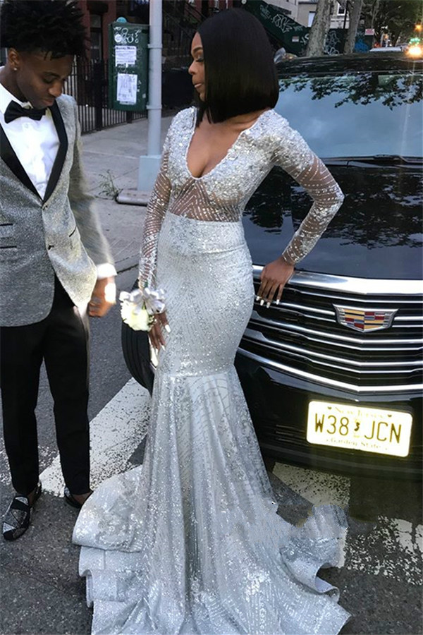 2019 Sparkly Silver Mermaid Prom Dresses Appliqued Sequins Long Sleeve African Evening Dress Sweep Train V Neck Illusion Formal Party Gown