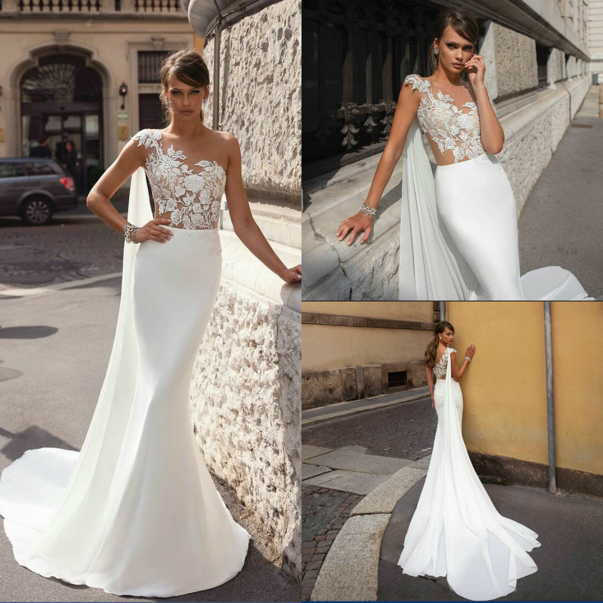 Julie Vino Wedding Dresses 2020 Lace Appliqued Elastic Satin Illusion Bodice Mermaid Wedding Dress Sweep Train New Abiti Da Sposa