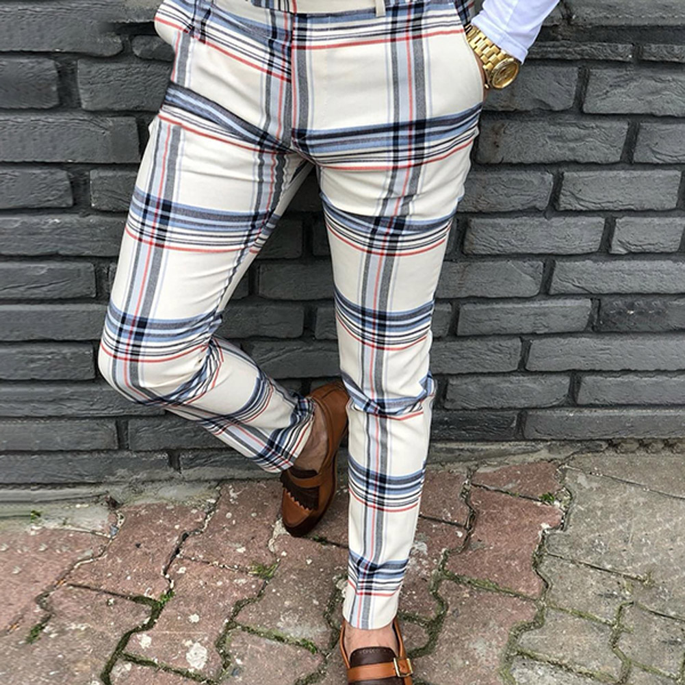 Men Plaid Pants Gym Slim Fit Trousers Gym Smart Casual Bussiness Long Pencil Pants Plus Size1