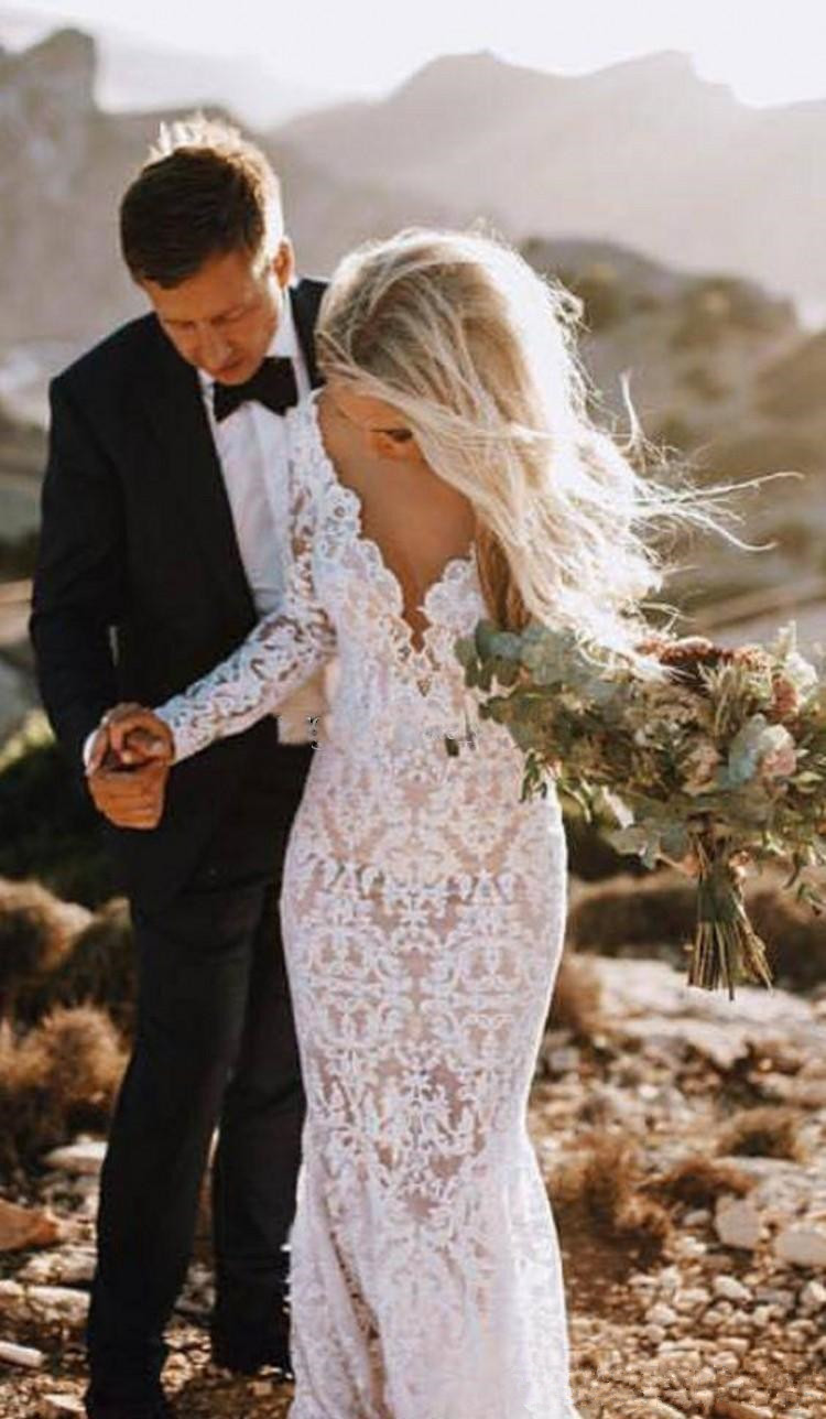 Full Open Back Mermaid Wedding Dresses Lace Long Sleeves Beach Garden Country Church Bride Bridal Gown Custom Made Illustion V Neck 0510