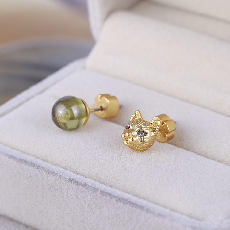 Fashion- cat head desigh and 06.cm asymmetric bead stud earring with nature green stone for women wedding jewelry gift free shippin