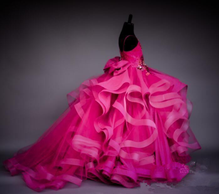 Lovely Fuchsia Ball Gown Girls Pageant Dresses Crystals Beaded Puffy Tiered Ruffle Party Birthday Gowns Flower Girl Dress For Weddings