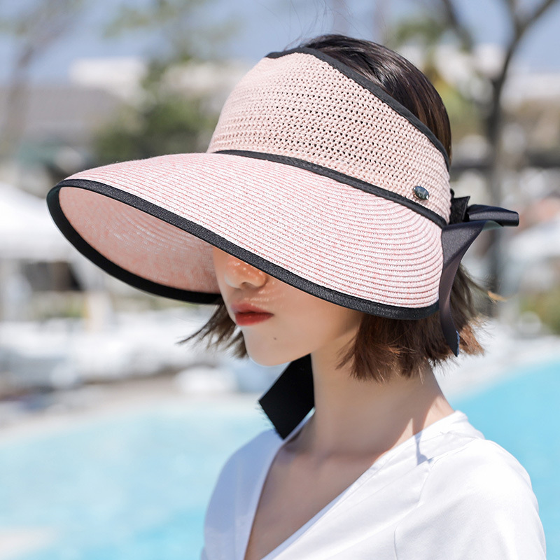 Fashion Women Ladies Summer Large Wide Brim Sun Hat Foldable Roll Up Bowknot Decor Beach Visor Cap Outdoor Travel Cap Empty Hat