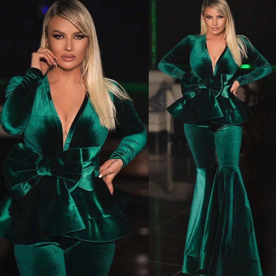 Dark Green Velvet Evening Dresses Pant Suits Long Sleeve V Neck Robe De Soiree with Bow Sash Party Pageant Dress Prom Gowns