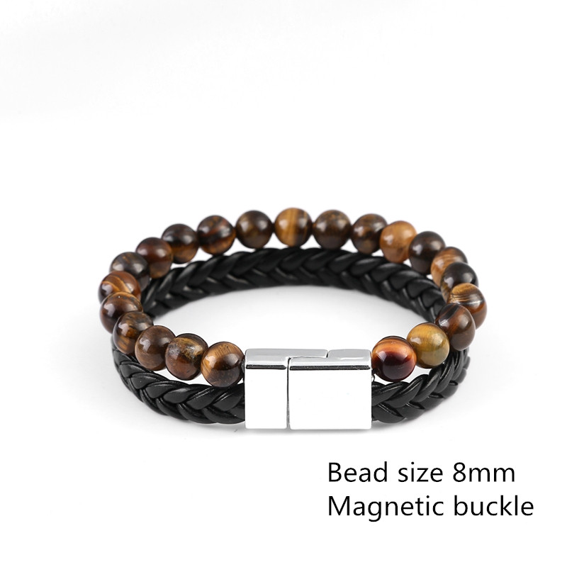 Leather beaded bracelet handmade 2 layer buckle men's temperament charm bracelet daily wear