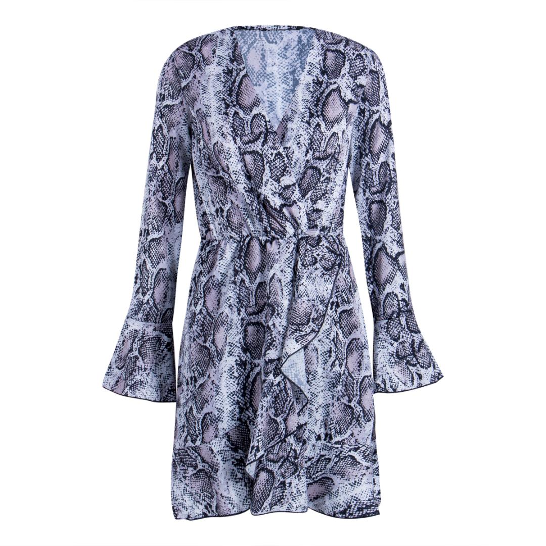 New Sexy Women Dress Leopard Snake-printed Long Sleeve V Neck Party Evening Wrap Dress Womens Ruffles Dress