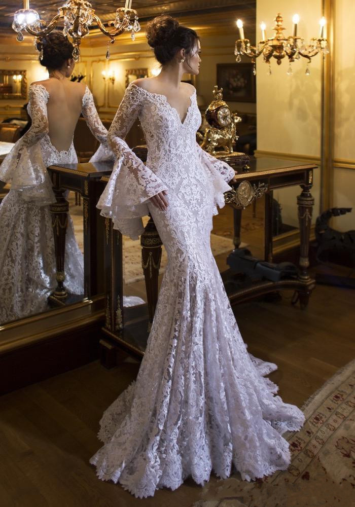 Sexy Backless Mermaid Wedding Dresses Full Lace 2019 Long Bell Sleeve V Neck Bohemian Beach Boho Bridal Gowns Cheap Bride Dress Plus Size