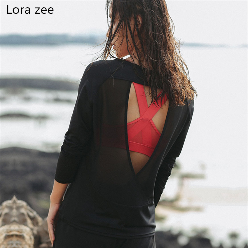 LORA ZEE Backless Long Sleeve T Shirt Women Loose Fit Cute White Yoga Top Black Fitness Sport Shirt Romantic Gym Top T200401