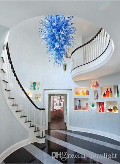 Modern Blue Glass Crystal Chandelier Light LED Staircase Pendant Lighting Villa Art Decoration Handmade Blown Galss Large Chandelier