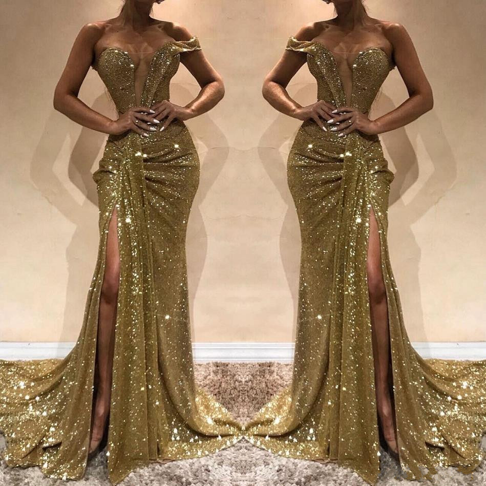 bgbg gold sequins prom sexy one shoulder mermaid high split evening gowns women cheap party dresses