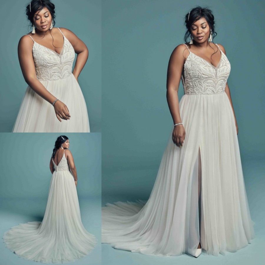 Plus Classy Beaded Size Backless Wedding Dresses Spaghetti Straps V Neck Side Split Bridal Gowns A Line Sweep Train Tulle Robe De Marie