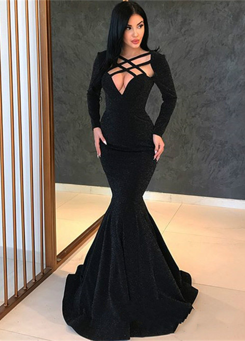 Black Mermaid Evening Dresses V Neck Floor Length Satin Slim Fit Long Sleeve Prom Dress Custom Made Cheap Formal Party Gowns