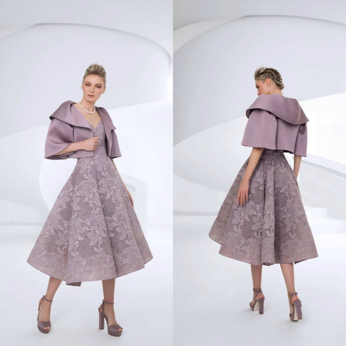 Long Cocktail Dresses With Jacket V Neck Tea Length Ruffles Formal Evening Gowns Lace Appliques A Line Prom Dress