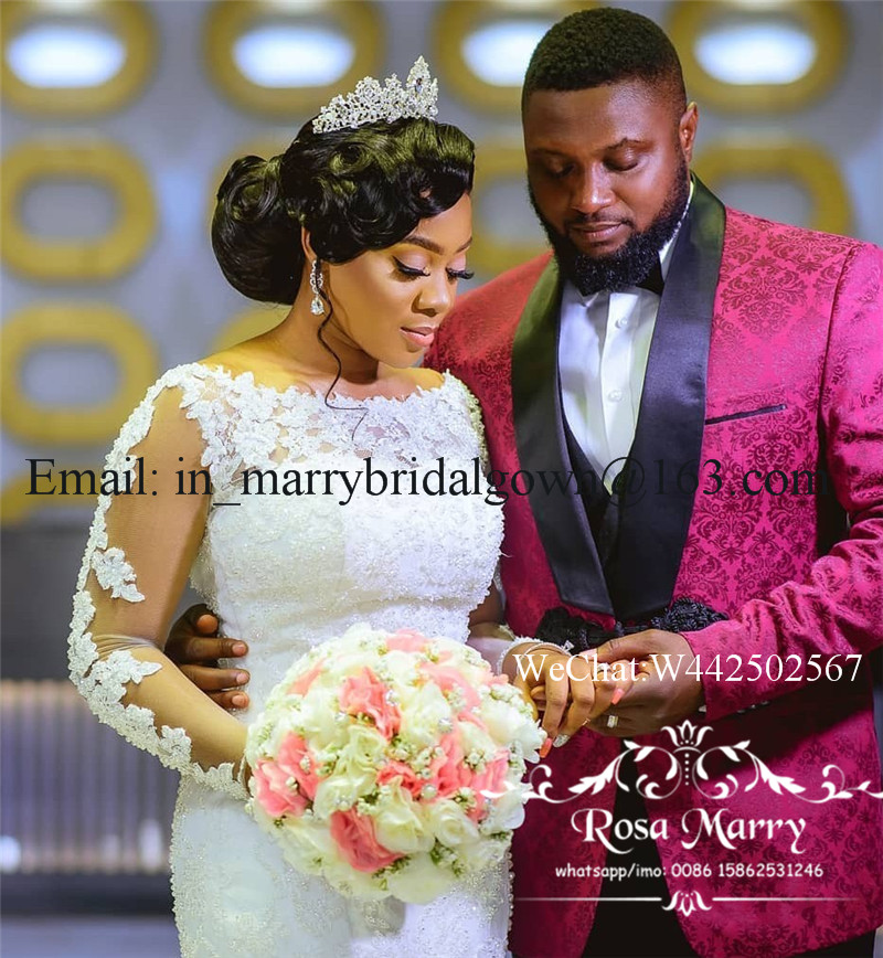 Sexy Cascading Ruffles Mermaid Wedding Dresses 2019 Plus Size Long Sleeves Vintage Lace Beaded Sequined Arabic African Country Bridal Gowns