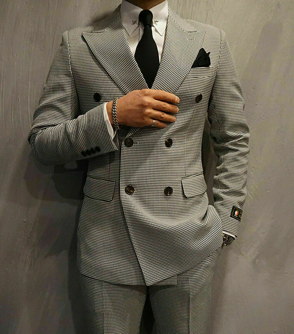 Houndstooth Groom Wear Slim Fit Double Breasted Peaked Lapel Mens Business Formal Prom Tuxedos Best Man Blazer Suit (Jacket+Pants)