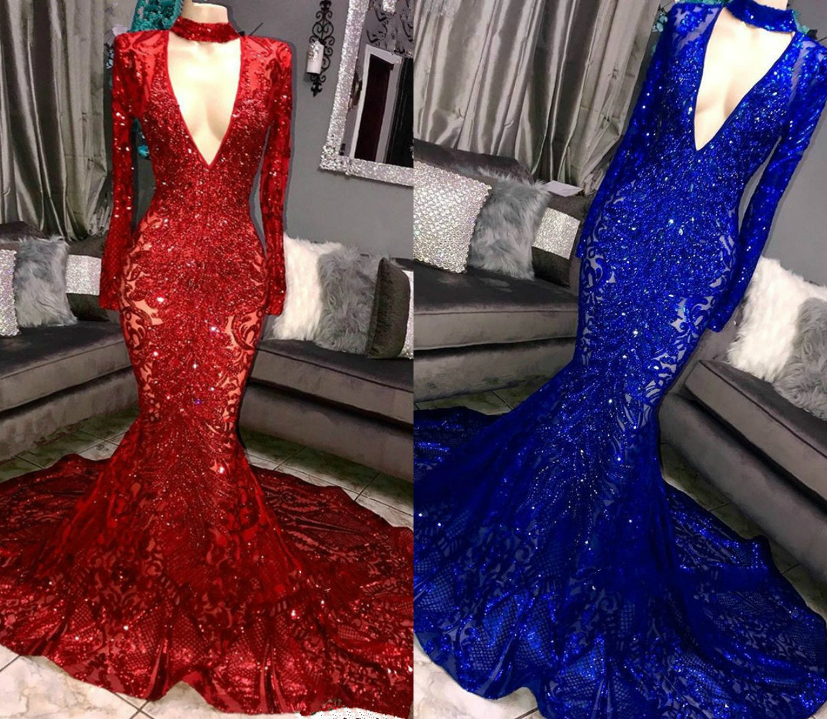 Real Pictures Mermaid Evening Dresses Deep V Neck Lace Appliqued Beads Long Sleeve Prom Dress Sweep Train Formal Party Gowns Plus Size