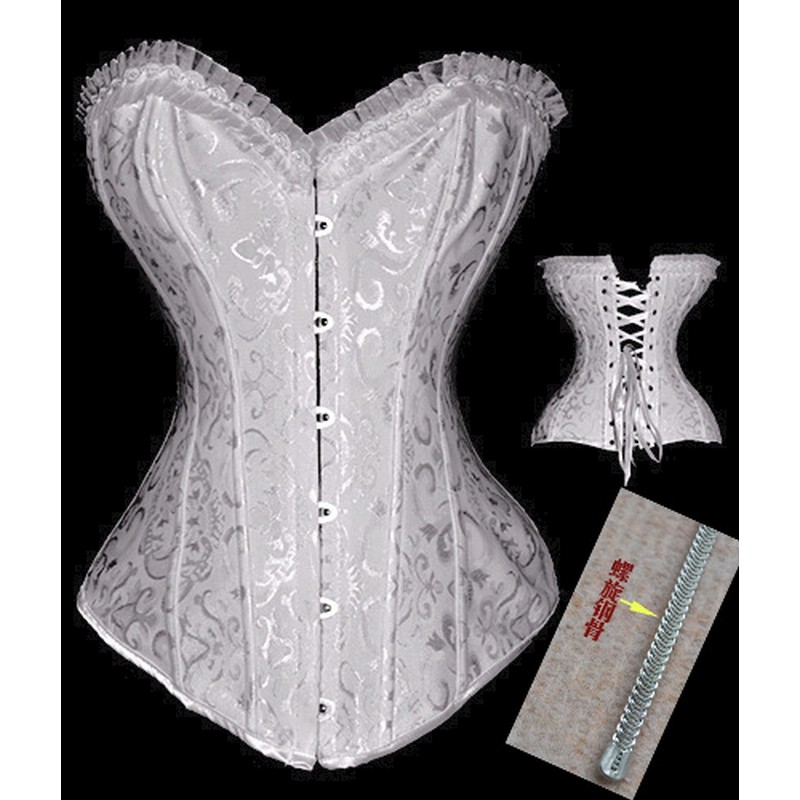 Women Bridal Jacquard Steel Bone Overbust Corset Lingerie Top Body Shaper Strong Lace Up Corselet with Pleated Ruffle Trim Plus Size S-6XL
