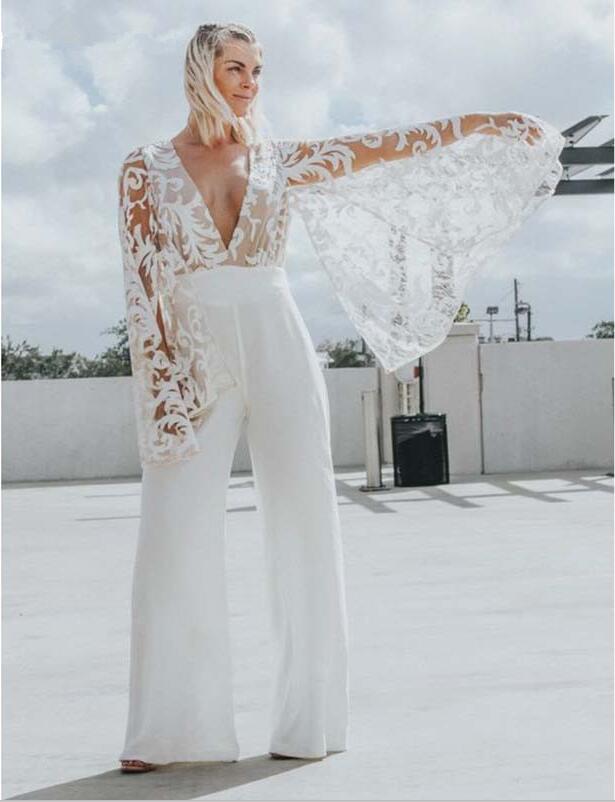 bohemian jumpsuits boho wedding dresses with lace v neck wedding dress with pants see through bridal gowns