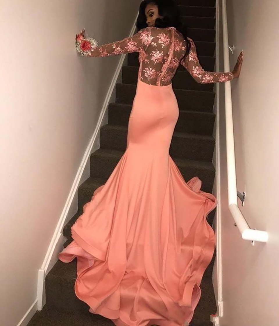 Sexy Africam Mermaid Dubai Orange Long Appliqued Prom Evening Dresses Satin Full Sleeves Prom Dress For Black Girls Party Gowns