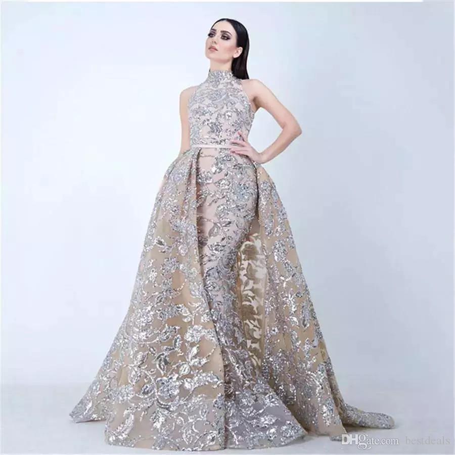 Yousef Aljasmi 2020 High Neck Mermaid Evening Dresses With Overskirts Sparkly Lace Applique Dubai Arabic Prom Dresses Evening Wear Gowns